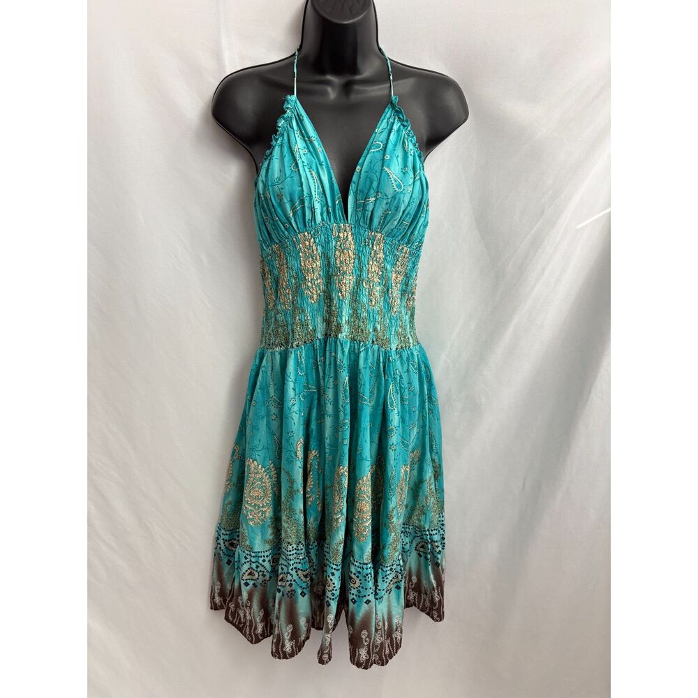 Spicy Girl Teal Blue Smocked Dress Bohemian Size L Halter Neck Whimsical Girly